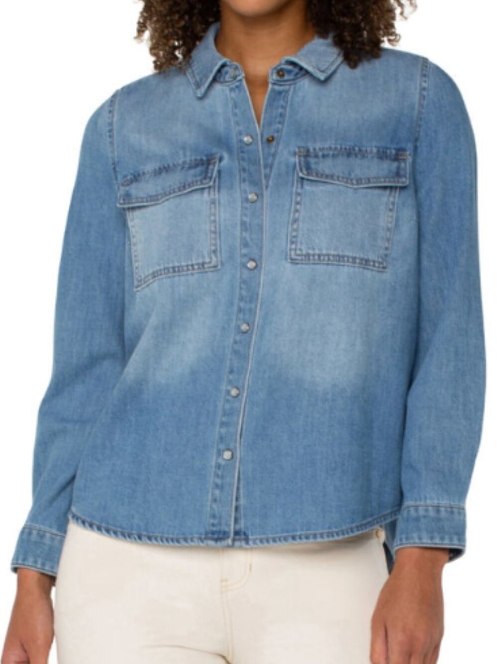 Liverpool Los Angeles Denim Long Sleeve Shirt with Pockets – Light Wash Size S